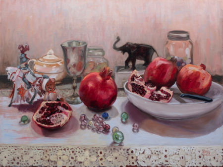 Stories That Are, oil on cradled birch panel, 18” x 24” Still life painting featuring, pomegranate, marbles, china, toy knight on a horse, toy elephant, glass, china and a metal cup.