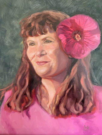 Peggy with Hibiscus oil painting on birch panel 20"x16"