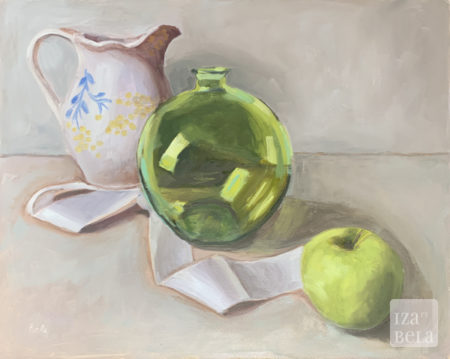 Transformations in Green, oil on panel, size: 16 x20” Still life oil painting featuring green apple, green vase, white jug, and a white ribbon
