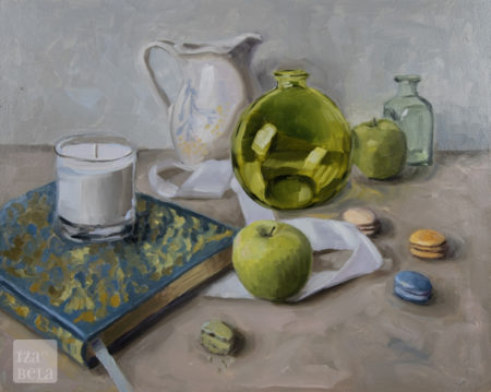 Recipe Exchange, oil on panel, size 16x20" . Still life painting framed size is 19"x23" oil painting showing green apples, jug, candle, white ribbon, book, and macaroons