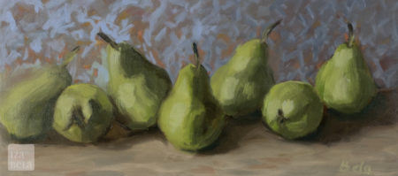 Pear Parade, oil on canvas, size: 8x16". Still life oil painting of pears