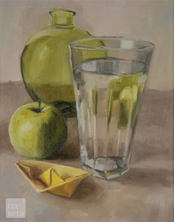 Sail Away, oil on canvas, size: 15"x12" framed size: 18x15" Still life oil painting featuring a green apple, glass of water, green vase, origami boat and reflections