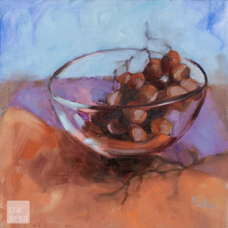 Grape Views 3, oil on canvas, size: 12" x 12" framed size: 14x14" oil painting of grapes in bowl and on table top, side view, red grapes, glass bowl
