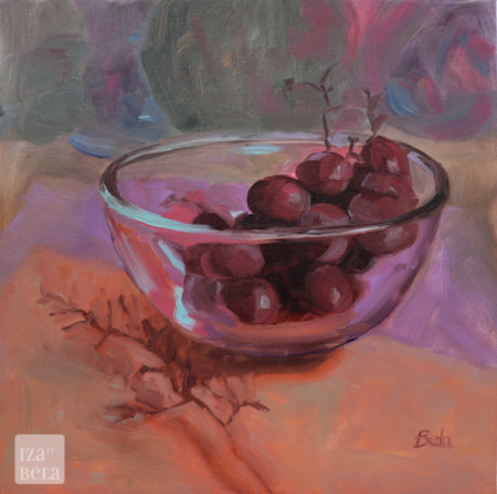 Grape Views 2, oil on canvas, size: 12" x 12" framed size: 14x14" oil painting of grapes in bowl and on table top, side view, red grapes, glass bowl