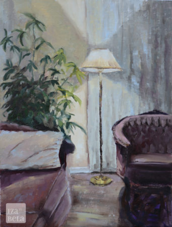 Blue Moon, oil painting on canvas, size 12"x16" Interior of a living room lit by a floor lamp