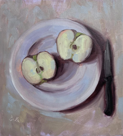 Still life oil painting on canvas, viewed from above, cut in half apple on plate and knife on the right side of plate
