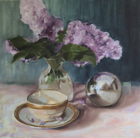 Lilacs in the Air, oil on canvas, size: 20”x20” Floral still life oil painting featuring lilacs in vase, some china and a reflective metallic ball